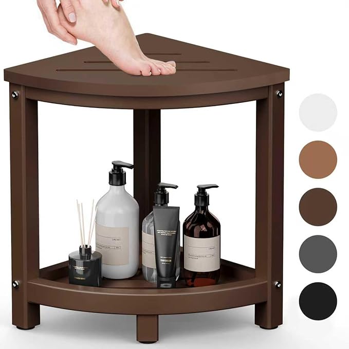 Shower Stool for Inside Shower, Corner Shower Bench Seat, HDPE Waterproof Shower Stool for Shaving Legs with Baffle Storage Shelf, Shower Seat/Foot Rest for Bathroom, Indoor/Outdoor Use, Brown