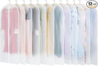 12 Pack Garment Bags for Hanging Clothes - Translucent Dress Bag for Closet Wardrobe Storage Travel - 24" x 57"
