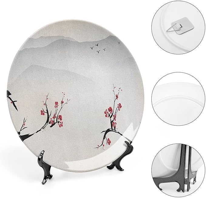 Decorative Plates, Asian Print Ornament, Japanese Nature Landscape National Flower, 8 Inch, Kitchen Wall Decor, Beige Red Black