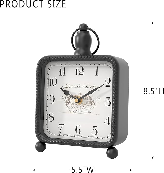 Vintage Black Table Clock on Stand, Desk and Shelf Decor Clock, French Rustic Style Mantel Clocks for Farmhouse, Living Room, Bedroom, Bedside, Gift (8.5" H x 5.5" W)