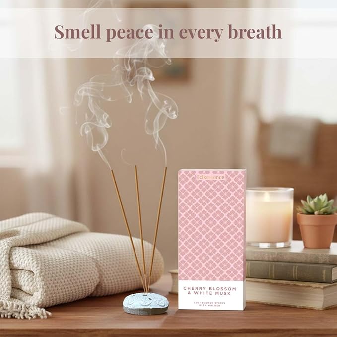 Folkulture Incense Sticks | Set of 120 with Holder for Relaxation | Cherry Blossom & White Musk | Organic, Slow Burning, Non-Toxic | Luxe Floral Fragrance, for Valentines