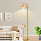 Gold Floor Lamp with Table and Shelves for Living Room Bedroom,Glass Standing Lamp with Remote Dimmable,Boho Brass Tall Lamp Vintage Farmhouse Arc Flower Floor Light Bohemian