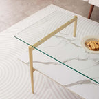 Rectangle Coffee Table for Living Room, Mid-Century Modern Design, L41 x W21 x H17, 2-Tier Structure, Clear Glass Top and White Marble Finish Wood Shelf, Conical Legs with Gold Finish
