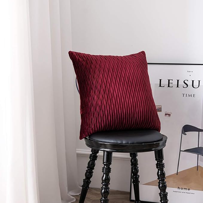 Wine Red Throw Pillow Covers: 2 Pack 22x22 Inch Original Striped Velvet Square Decorative Pillow Cases for Farmhouse Couch
