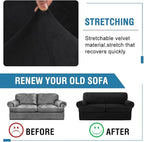 H.VERSAILTEX Sofa Cover 3 Piece T Cushion Loveseat Slipcovers Thick Velvet Couch Cover Furniture Protector Stretch T Cushion Sofa Covers for 2 Cushion Couch with 2 Individual T Cushion Covers, Black