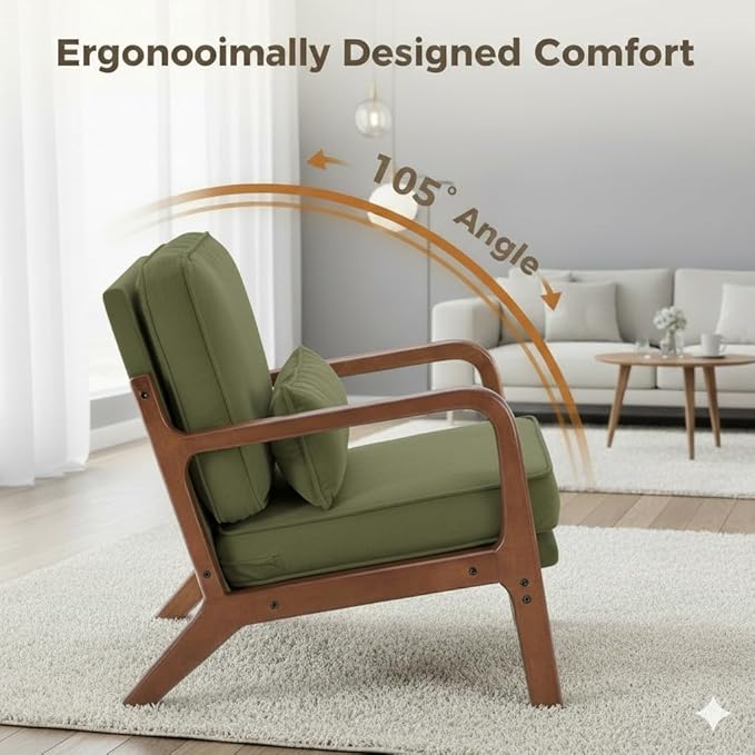 Simple Deluxe Mid-Century Modern Wood Accent Chair & Cozy Reading Chair, Upholstered Living Room Chair with Waist Cushion, Solid Wood Chair with Pillow for Bedroom, Green