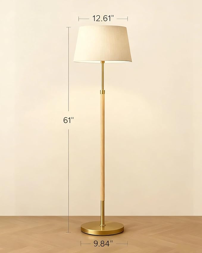 JOOFO Mid-Century Modern Wood Floor Lamp with Dual Fabric Shade, Remote Control, Dimmable & Adjustable Color Temperature, Reading & Living Room Lamp, Easy Clean Cover, Foot Switch,Natural Wood