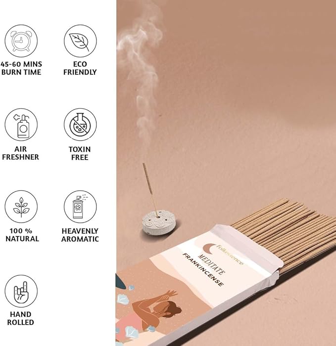 Folkulture Frankincense Incense Sticks with Holder (100 Sticks)| Incents Stick for Meditation, Relaxation, Gifts | No Charcoal,Organic,Non Toxic, 45 Mins Slow Burning Insence - Yoga Inspired