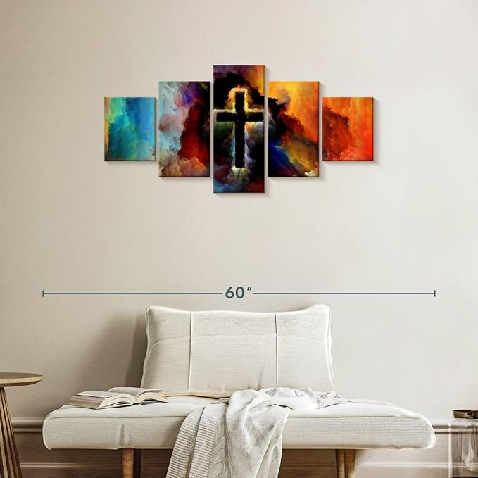 Elephant Stock Colorful Cross Wall Art Multi Piece Canvas - 5 Panel Christian Pictures Decor - Digital Design Canvas Print - Christian Wall Decor - 42" X 19"