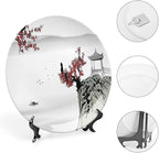 Ceramic Plates, Asian Decor Decorative Ceramic Plates, River Scenery with Cherry Blossoms and Boat Mystical, 10 Inch, Household Plates Decorative, Grey Red
