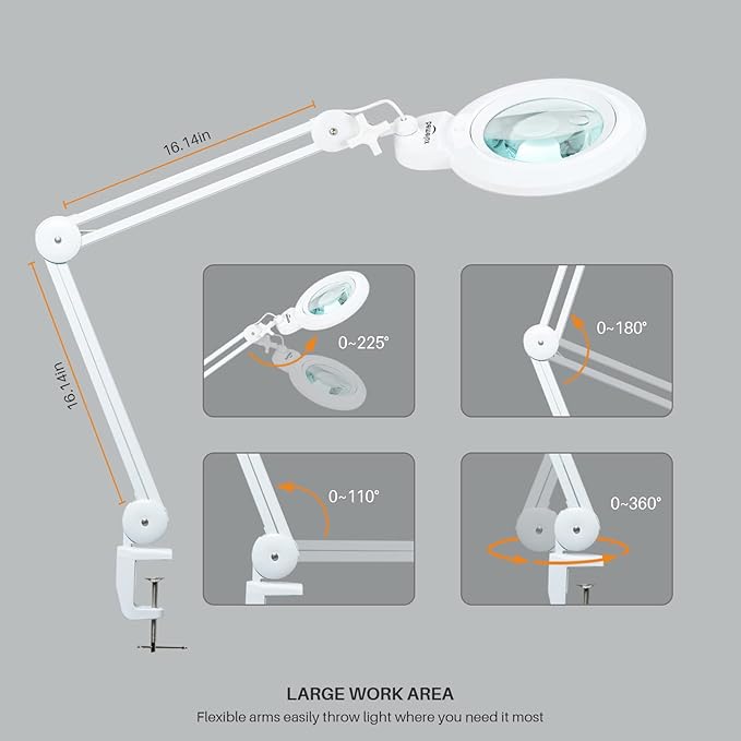 Bifocals Magnifying Desk Lamp with Clamp, 5 Diopter with 20 Diopter, 6 Inch Detachable Lens and 120PCS LEDs, 3 Color Modes 1200 Lumens Swivel Arm Magnifying Lamp with Light for Crafts (White)