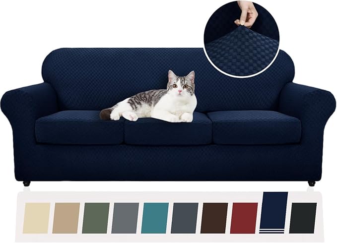 YEMYHOM Latest Checkered 4 Pieces Couch Covers for 3 Cushion Couch High Stretch Thickened Sofa Cover for Dogs Pets Elastic Slipcovers Living Room Furniture Protector (Navy), 71"-91"(3 Cushions)