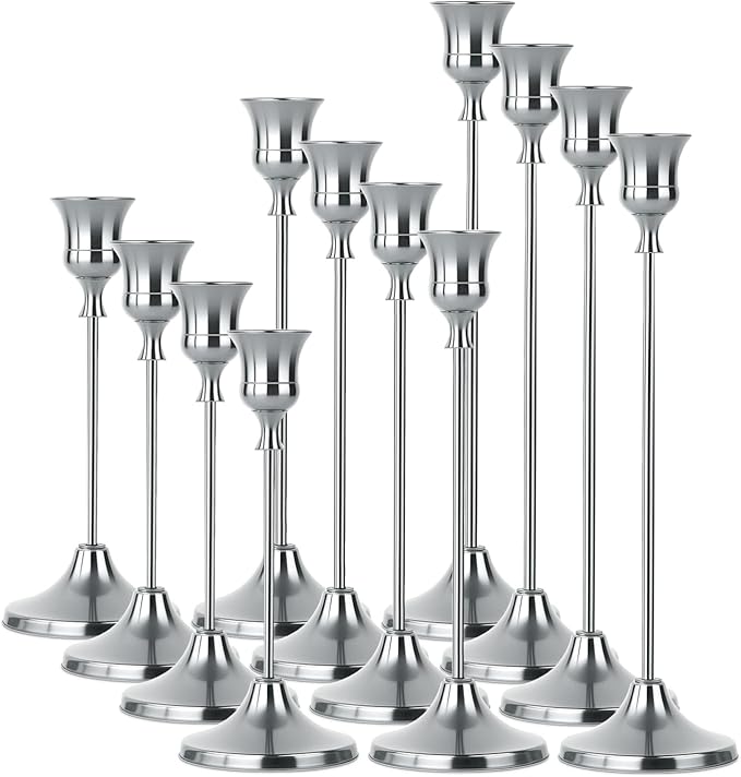 4 Sets(12 Pcs) Silver Tapered Candle Holder,Candlestick Tall Metal Candlestick Holders for Table Centerpiece Home Decor for Wedding Fireplace Mantel Housewarming Gift Fits 3/4 Inch Thick Candles