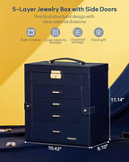 Homde Valentine's Day Gifts Synthetic Leather Huge Jewelry Box Mirrored Watch Organizer Necklace Ring Earring Storage Lockable Gift Case (Dark Blue + Gold)