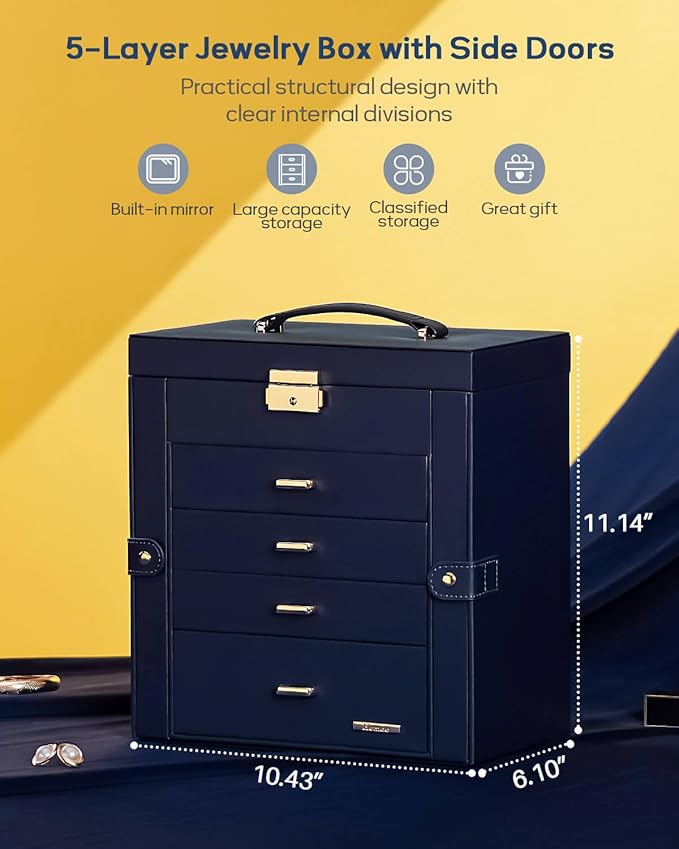 Homde Valentine's Day Gifts Synthetic Leather Huge Jewelry Box Mirrored Watch Organizer Necklace Ring Earring Storage Lockable Gift Case (Dark Blue + Gold)