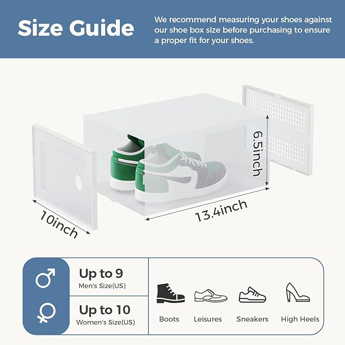 DUMOS Clear Shoe Storage Boxes, 12-Pack Plastic Stackable Shoe Containers with Lids, Display Sneaker Case Organizer for Closet, Under Bed, Entryway,White (Fit Size 11)