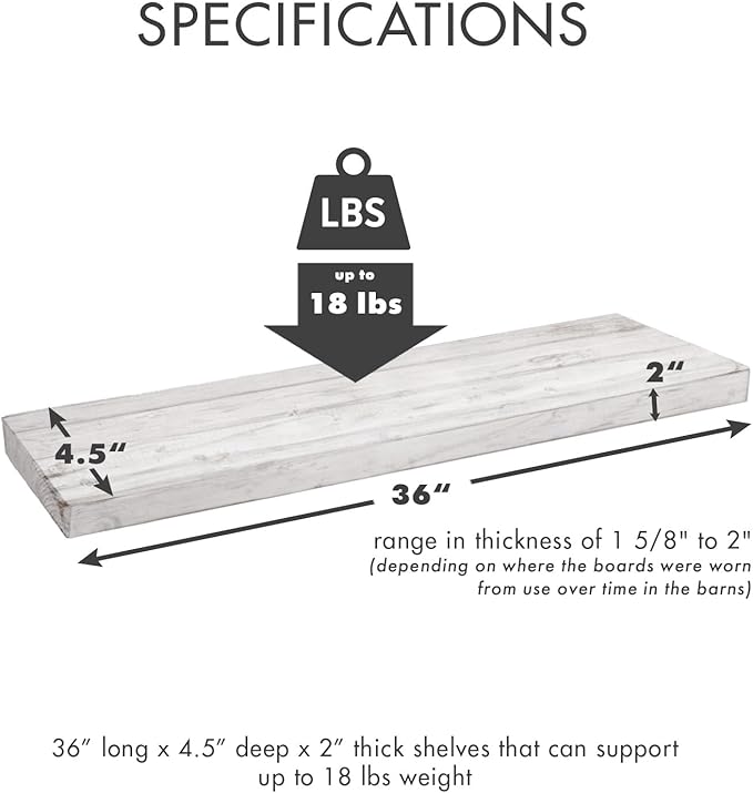 Urban Legacy Reclaimed Barnwood Planks | Floating Shelves for Wall w/Flush Mount Shelf Bracket Set Included | | Set of 2 (White Wash, 36" x 4.5" x 2")