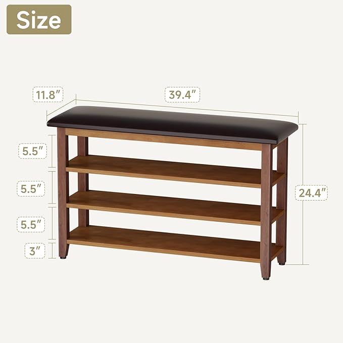 Shoe Bench with Leather Cushion,Wood Bench with Shoe Rack,3-Tier Shoe Storage Organizer for Entryway,Hallway,Living Room (Brown, 3-Tier-39.4")