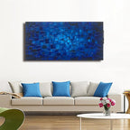 MyArton Textured Abstract Squares Canvas Wall Art Hand Painted Modern Dark Blue Oil Painting Picture for Home Decoration Ready to Hang 40x20inch