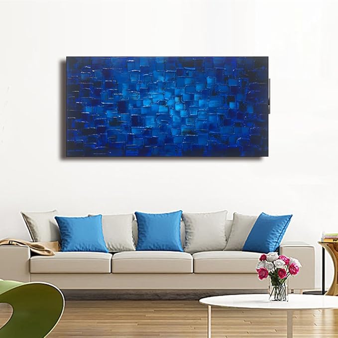 MyArton Textured Abstract Squares Canvas Wall Art Hand Painted Modern Dark Blue Oil Painting Picture for Home Decoration Ready to Hang 40x20inch