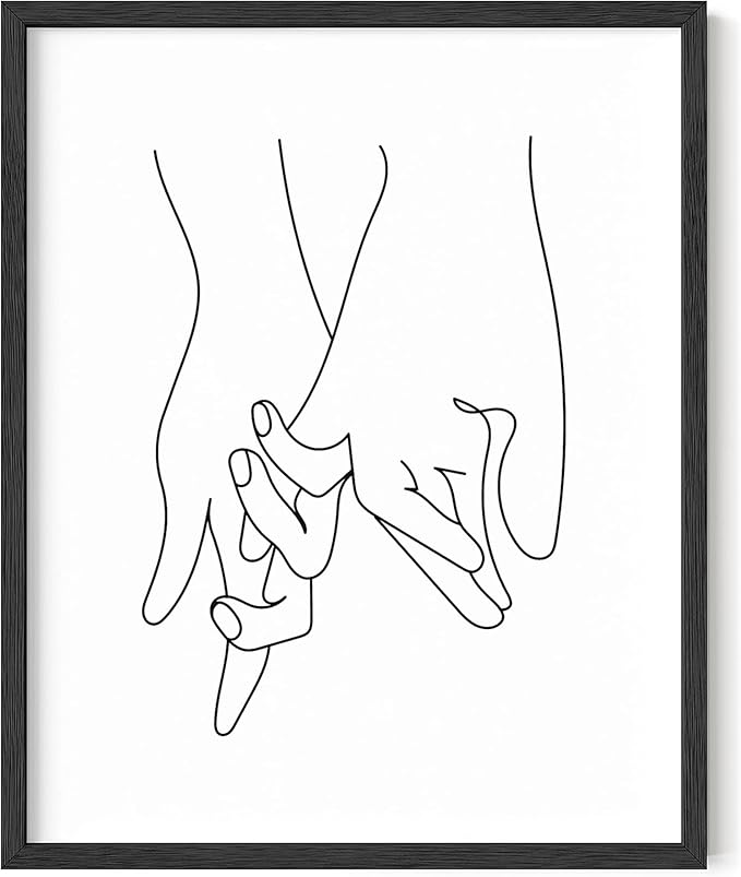 Holding Hands Wall Art Interlocking Fingers Continuous Line Drawing Love Connection 16x20 Inch Oak Wood Black Framed Modern Romance Print for Bedroom