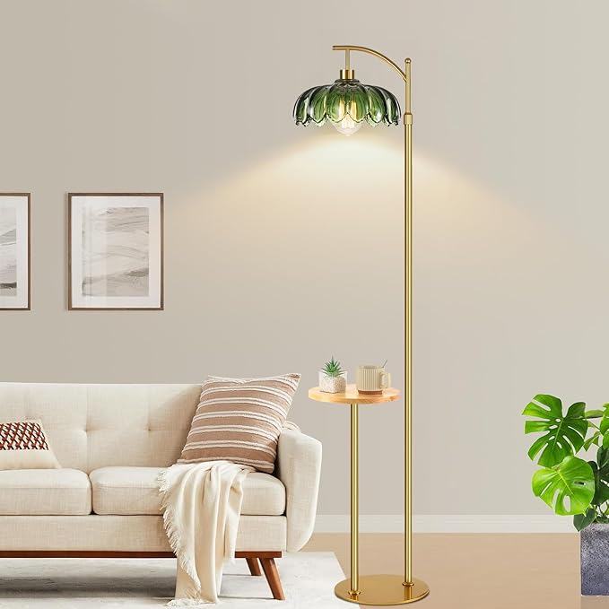 Arc Floor Lamp with Table and Shelves,Gold Floor Lamp for Living Room Glass Floor Lamps with Remote Control & 3 Color Temperature,Dimmable Standing Lamp Tall Flower Floor Lamps for Bedroom Corner