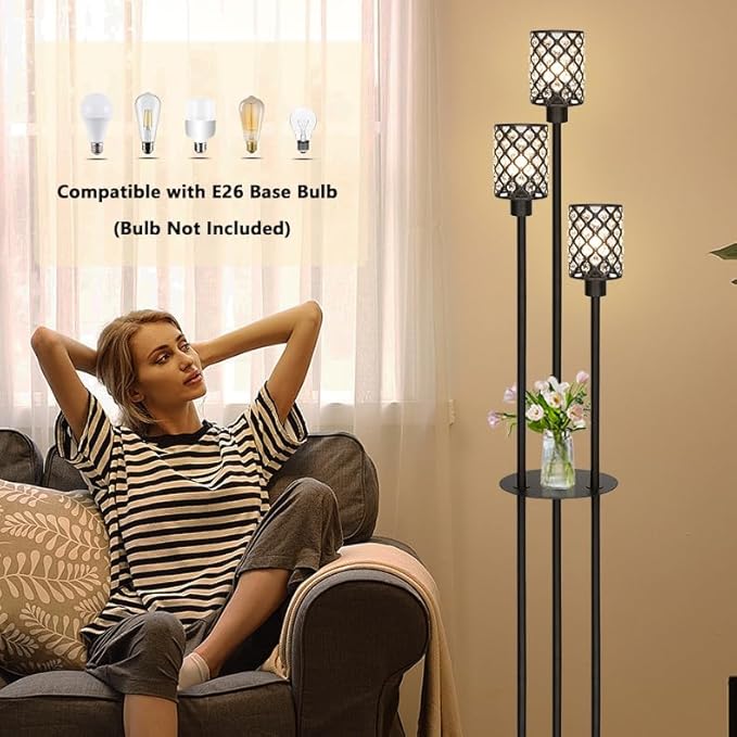 Floor Lamps for Living Room, Standing Floor Lamp with Shelves, Tall Lamp with Table, Modern Mid Century Floor Lamp with E26 Base, Coner Crystal Floor Light for Bedroom (Without Bulb)
