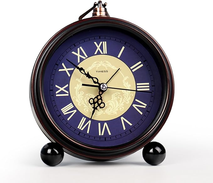 Vintage Analog Alarm Clock, 4.3" Silent Non-Ticking Quartz Desk Clock with Roman Numerals, Battery Operated Table Clock for Bedroom, Living Room, Office, or Gift (Blue)