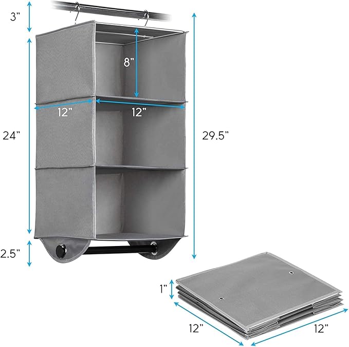 HOLDN’ STORAGE - 3 Shelf Hanging Closet Organizer with Metal Rod - Bamboo Inserted, Holds up to 24 pounds - 24” W x 12” D x 29.5”H - Perfect for College Dorms & RV Hanging Organizer