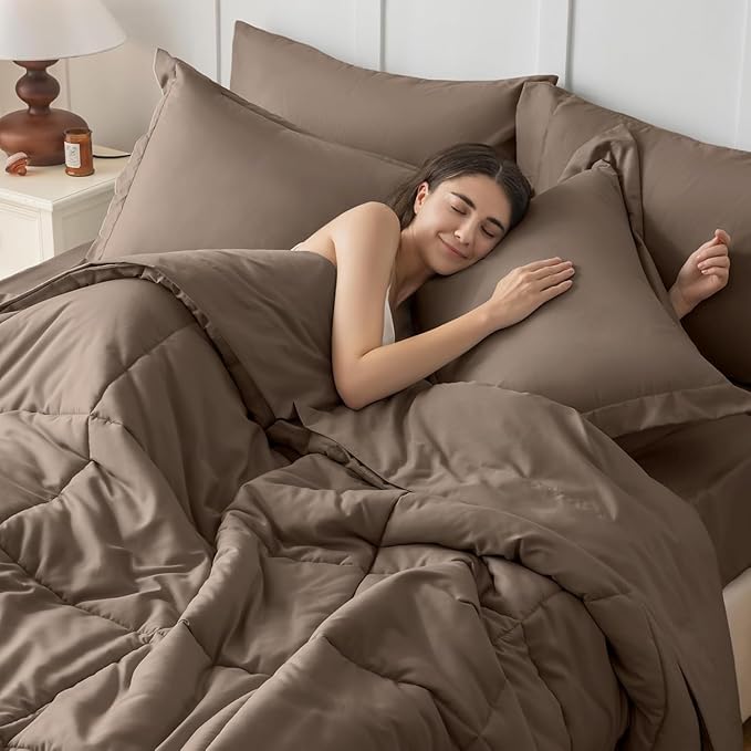 JOLLYVOGUE Full Comforter Set, Ultra-Soft Bed in a Bag Full Size 7 Pieces, Oeko-TEX Certified Bedding Set with Down Alternative Comforter, Sheets, Pillowcases & Shams, Brown