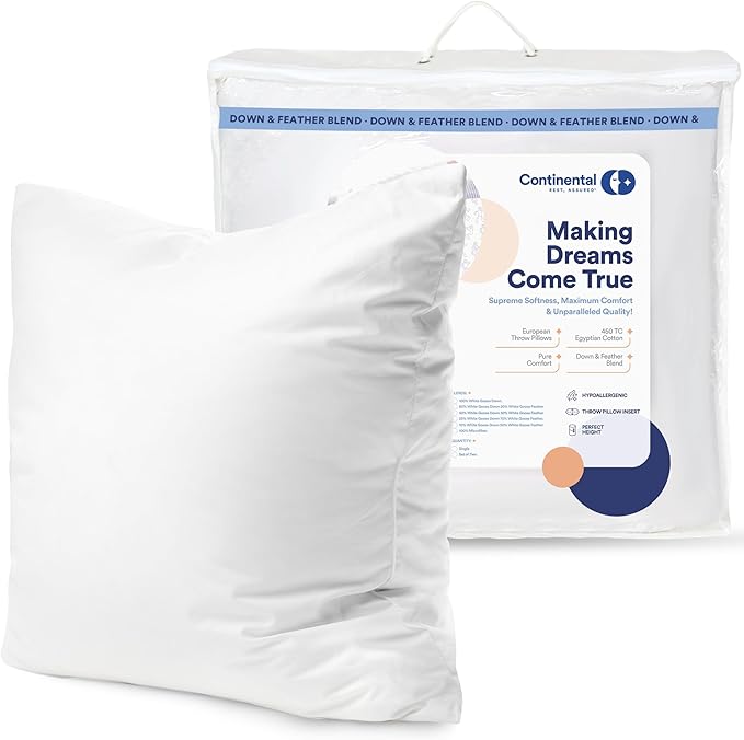 Continental Bedding Throw Pillow Inserts - 26x26, 25% White Goose Down & 75% Feather Fill - Soft Decorative Euro Pillows for Couch, Bed, Sofa & Living Room - Luxurious Comfort & Support