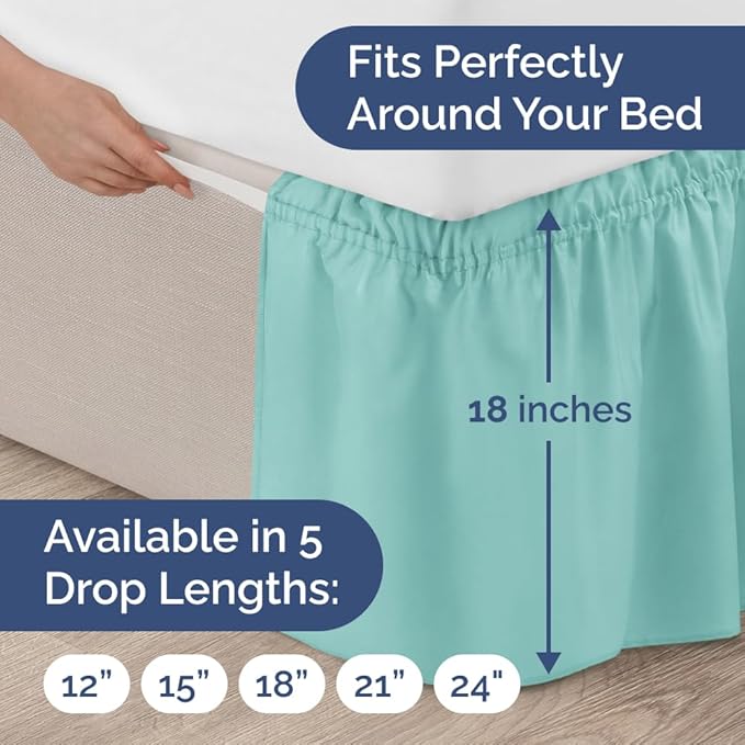 Wrap Around Dust Ruffle Bed Skirt - Spa Blue - for Queen Size Beds with 18 Inch Drop - Elastic Strap - Adjustable Pleated Bedskirt with Brushed Fabric and Wrinkle Free - for Women, Men, Kids & Teens