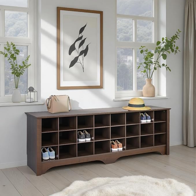 Prepac 24 Pair Shoe Cabinet, Entryway Bench, Mud Room Organization and Storage Bench with 24 Shoe Cubbies, Brown, 15.5"D x 60"W x 20.25"H