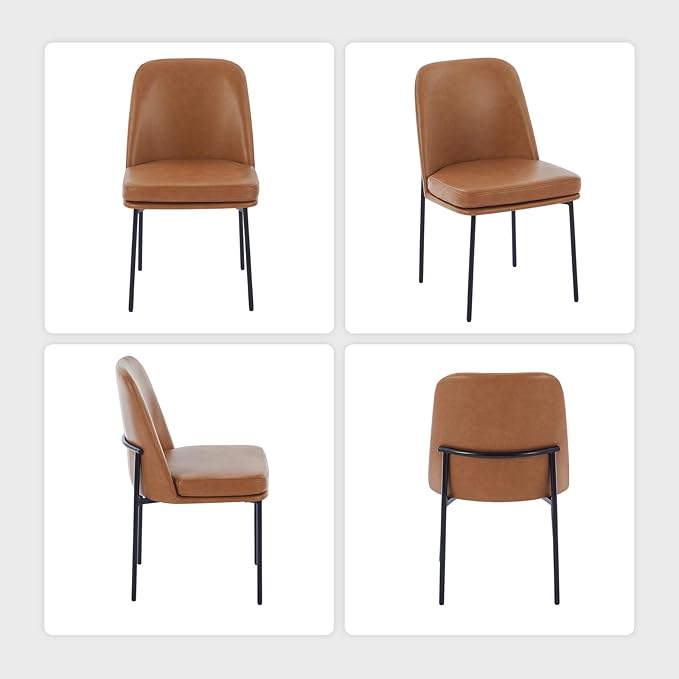 COLAMY Dining Chairs Set of 6, Modern Dining Chair, Leather Upholstered Dining Chairs, Kitchen Chairs with Curved Back and Metal Legs for Dining Room Kitchen Restaurant, Brown