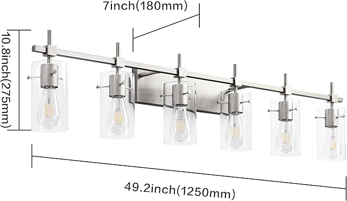 SOLFART 49.2 inch 6 Lights Vanity Light fixtures for Bathroom Vintage Bathroom Light Fixture Brushed Nickel Light Fixtures Above Mirror with Glass Shade (Exclude Bulb)