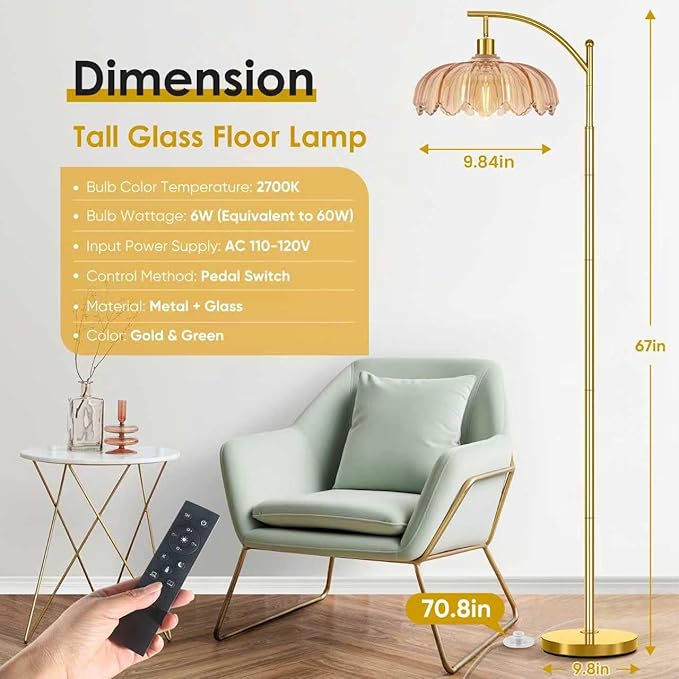 Gold Floor Lamp for Living Room with Remote,Unique Vintage Standing Tall Lamp,Mid Century Modern Floor Lamps Arc Glass Floor Lamps for Office Corner