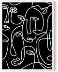 Abstract Face Pattern Wall Art Black Background White Continuous Line Drawing 12x16 Inch Oak Wood White Framed Modern Diverse Portrait for Living Room Decor