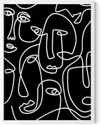 Abstract Face Pattern Wall Art Black Background White Continuous Line Drawing 12x16 Inch Oak Wood White Framed Modern Diverse Portrait for Living Room Decor