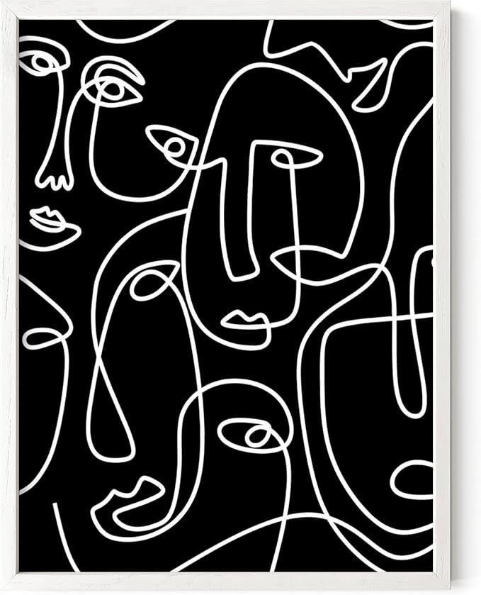 Abstract Face Pattern Wall Art Black Background White Continuous Line Drawing 12x16 Inch Oak Wood White Framed Modern Diverse Portrait for Living Room Decor