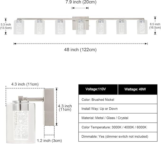 SineRise 7-Light Brushed Nickel Vanity With 3 Color Modes (3000K/4000K/6000K), Eye Protection LED Bathroom Fixture, Dimmable Modern Wall Light Over Mirror With Clear Glass Shade