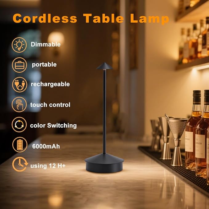 Rechargeable Cordless Table Lamp set of 2, 6000mAh Battery Operated Desk Lamps, Portable LED Touch Lamp Outdoor Camping Lamp 3 Color Stepless Dimming Lamp For Bedroom/Restaurant/Patio (Black)