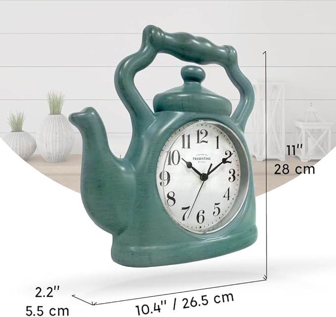 Presentime & Co. 11" Teapot Clock, Silent Non Ticking, Modern Farmhouse Style, Wall & Mantel 2 in 1 Clock, Desk & Shelf, Aged Teal Finish (Wall Deocration/Home Decoration/Tabletop Décor)