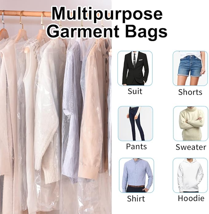 BEISHIDA 60PCS 35.5 Inch Plastic Garment Bag-Plastic Clear Dry Cleaner Laundry Bags for Clothes Cover Hanging Clothes Storage for Coat Suit Shirt Jacket Skirt
