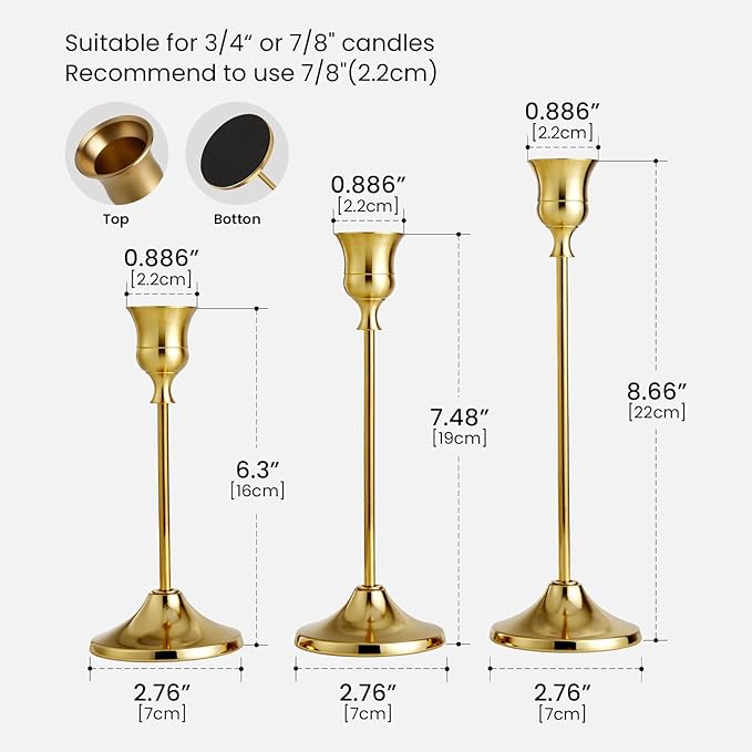 Gold Candle Holders Taper Candle Holder for Candlesticks, Tall Metal Candlestick Holders for Table Centerpiece, Home Decor, Fits 3/4 Inch Thick Candles (Gold, 2 Sets(6 Pcs))