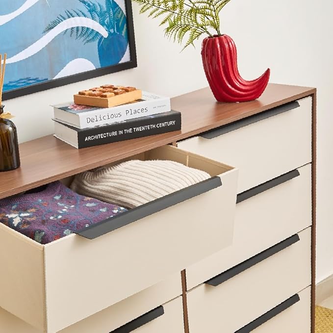 tinge Lira Premium Fabric Dresser - Solid Wooden Frame, 8 Spacious Sag-Proof Drawers with Sleek Metal Handles - Premium & Durable Storage Solution for Your Home (Dark Brown)