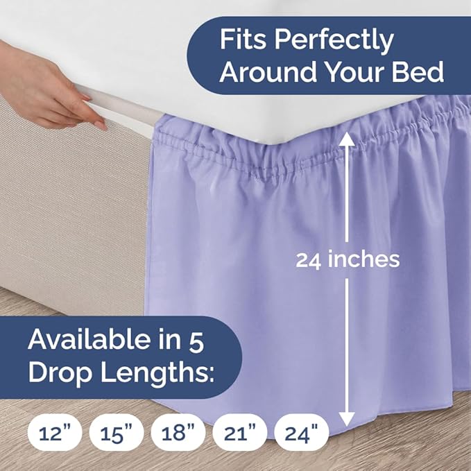 Wrap Around Dust Ruffle Bed Skirt - Lavender - for King Size Beds with 24 Inch Drop - Easy Fit Elastic Strap - Adjustable Pleated Bedskirt w/Brushed Fabric Wrinkle Free - for Women, Men, Kids & Teens