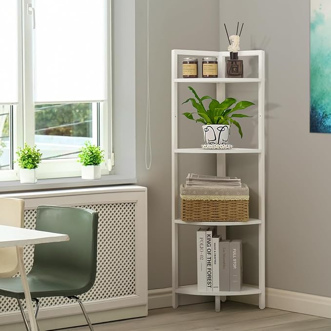 CAPHAUS 4 Tier Corner Shelf, 46.5-Inch Tall Corner Bookshelf, Metal Frame Display Rack, Round Corner Shelf Unit Rack, Small Corner Stand for Bathroom, Living Room, Home, Office, White
