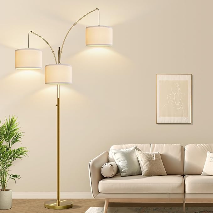 Nintiue Dimmable Floor Lamp - 3 Lights Brass Floor Lamps for Living Room Linen White Shades & Heavy Base, Mid Century Tree Floor Lamp for Bedroom Office, 3 LED Bulbs Included