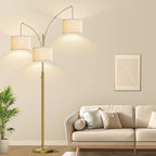 Nintiue Dimmable Floor Lamp - 3 Lights Brass Floor Lamps for Living Room Linen White Shades & Heavy Base, Mid Century Tree Floor Lamp for Bedroom Office, 3 LED Bulbs Included