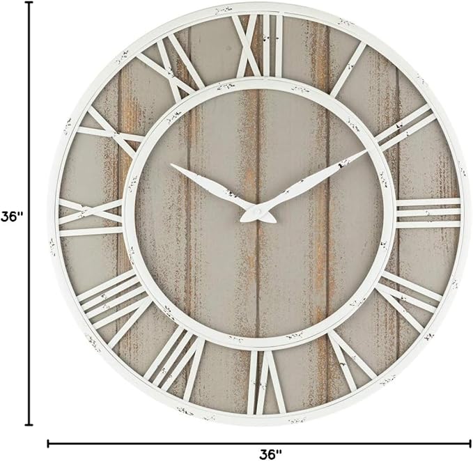 Oldtown Farmhouse Metal & Solid Wood Noiseless Wall Clock (Coastal Grey, 36-inch)